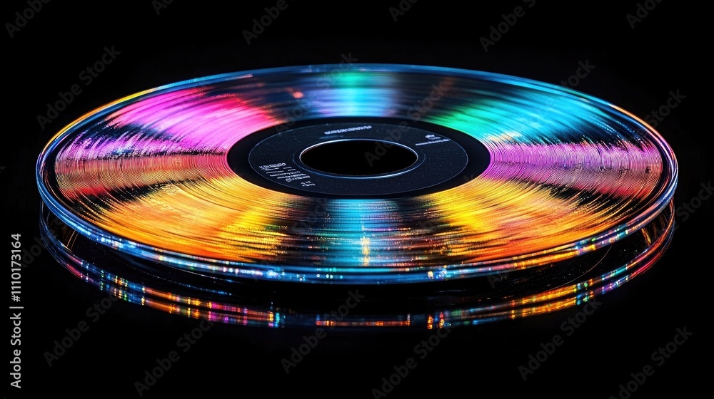 Aufkleber Close up of a reflective compact disc displaying vibrant rainbow colors against a black background with space available for text insertion