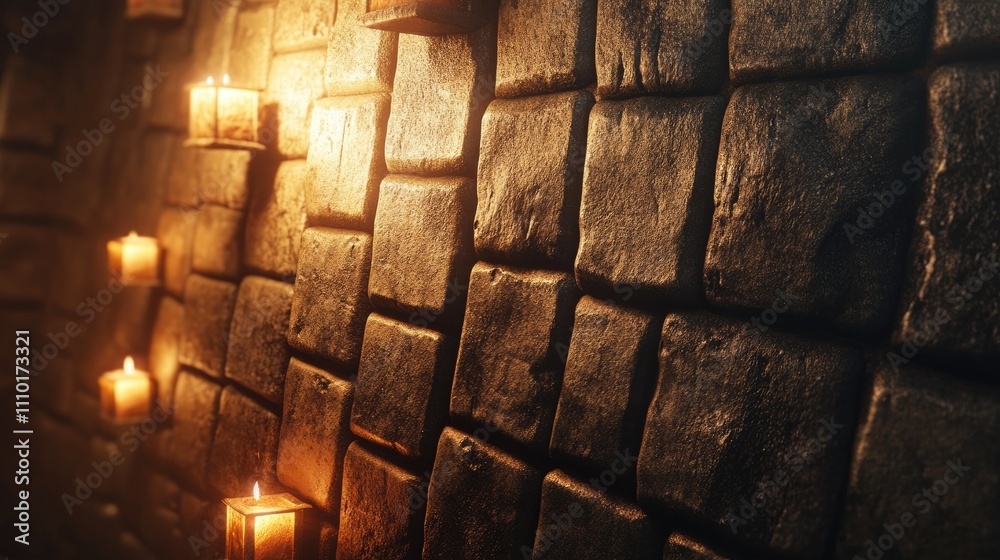 Poster Rustic yellow brick wall with soft candlelight creating a warm and inviting atmosphere perfect for photography or interior design projects