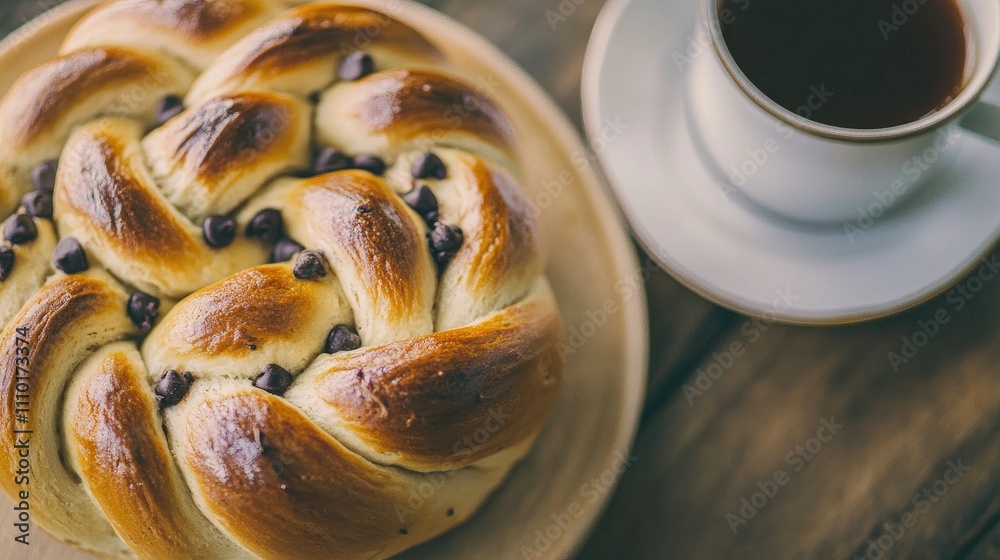 Aufkleber Chocolate chip buns served on a plate with a cup of coffee on a rustic wooden table background