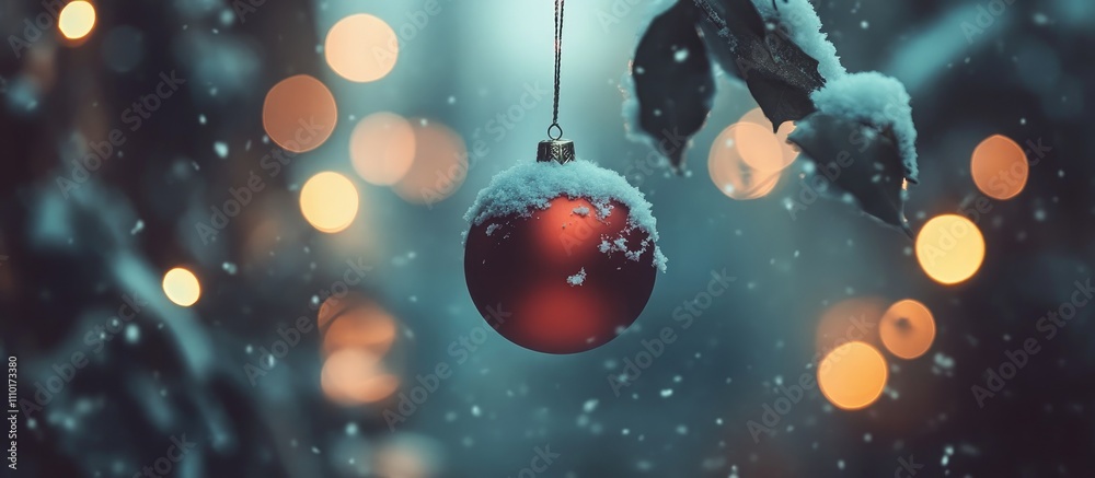 Poster red christmas bauble hanging with snow on leaves against a blurred background of warm lights in a se