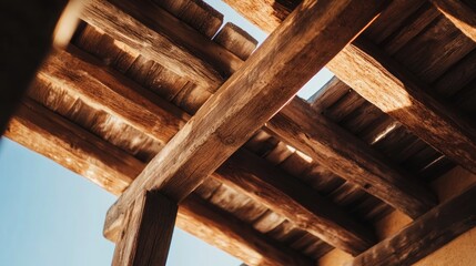 Closeup view of wooden beams in a construction site showcasing craftsmanship and structural integrity against a clear blue sky