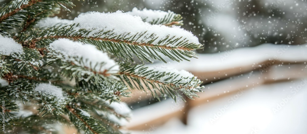 Poster spruce tree branches covered in snow with a wooden fence and snowy landscape creating a serene chris
