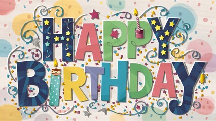Colorful Happy Birthday Card Design, Festive Typography with Confetti and Candles for Celebrations