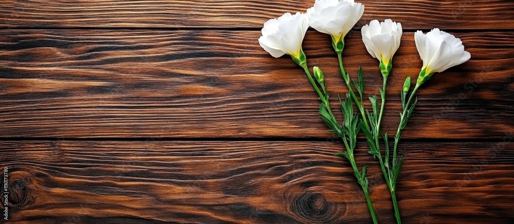 Poster fresh white carnations arranged on a dark wooden background showcasing texture and elegance in a top