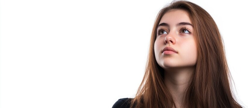 Young female student with thoughtful expression looking upward against a clean white background reflecting curiosity and contemplation.