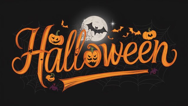 Spooky Halloween Design,  Jack-o'-Lantern Lettering with Bats and Spiders for Party Invitation, Card, or Banner