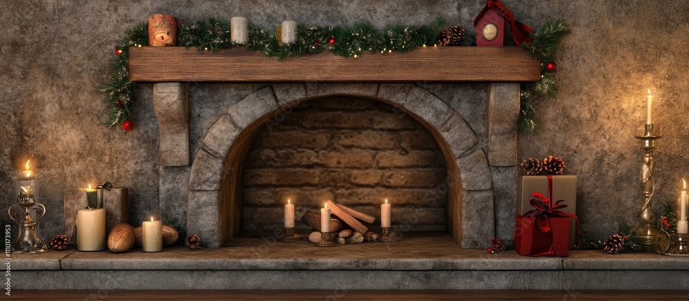 Poster cozy christmas fireplace backdrop with shelf decorations for product display and festive ambiance cr
