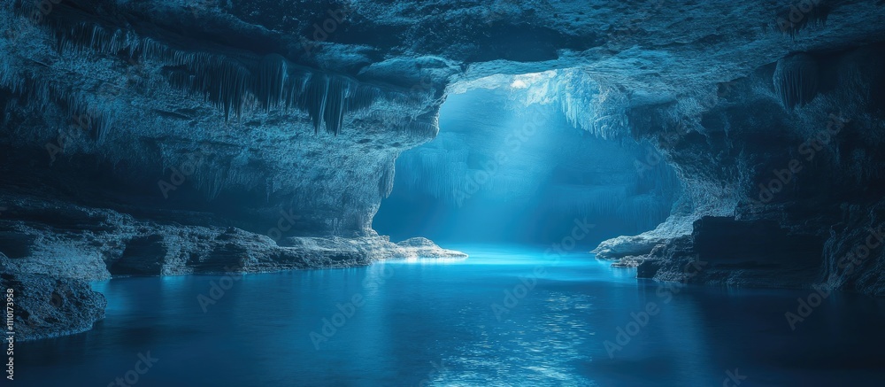 Poster Mysterious blue cave with tranquil water illuminated by soft light beams creating an enchanting underwater atmosphere