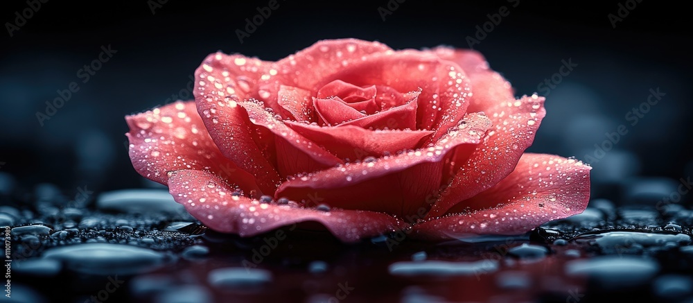 Poster elegant red rose adorned with dew droplets illuminated in shadows against a dark background showcasi