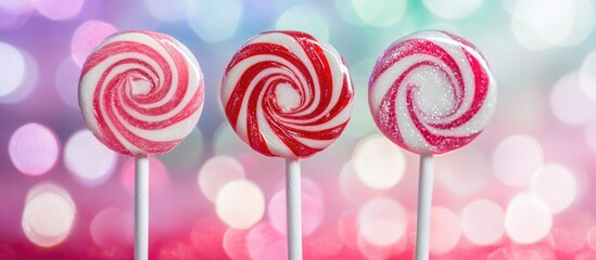 Colorful Christmas candy lollipops with swirls against a vibrant bokeh backdrop for festive season celebrations.