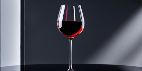 Elegant red wine glass on reflective surface with dark background.