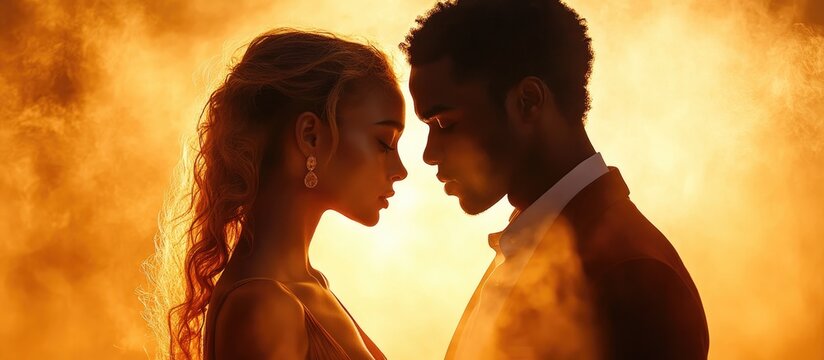 Intimate silhouette of a Caucasian girl and Black man dancing samba in vibrant golden light during a romantic moment against a soft backdrop