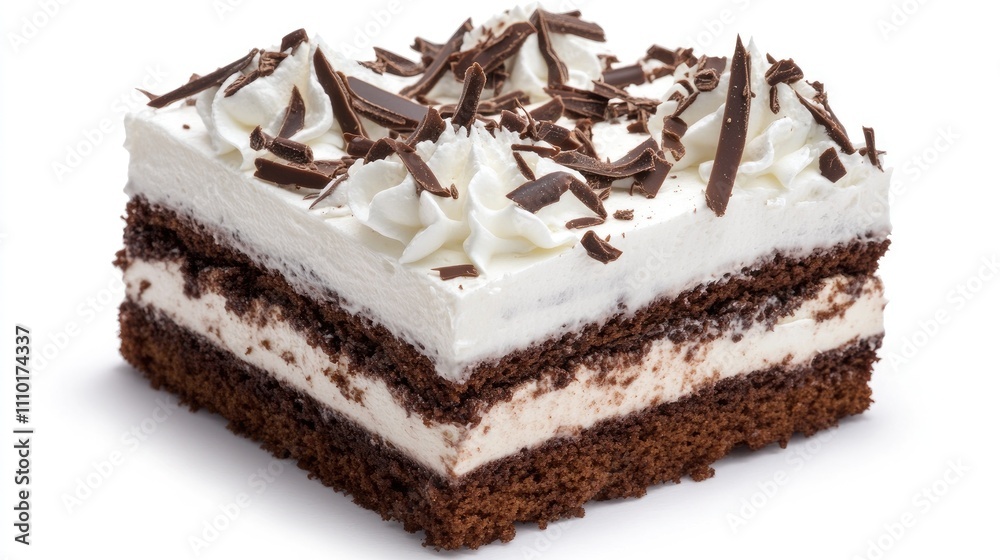 Poster chocolate eclair cake layered with cream and chocolate shavings on a white background showcasing ind