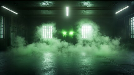 A dark room with two windows and a lot of smoke