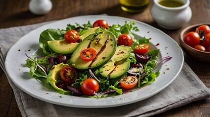 A fresh green salad with avocado, cherry tomatoes, and olive oil