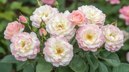 Closeup of pink and white floribunda roses with delicate petals and yellow stamens amidst lush green foliage in a garden setting