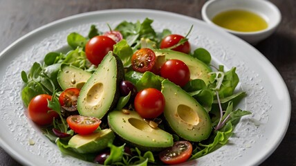  A fresh green salad with avocado, cherry tomatoes, and olive oil