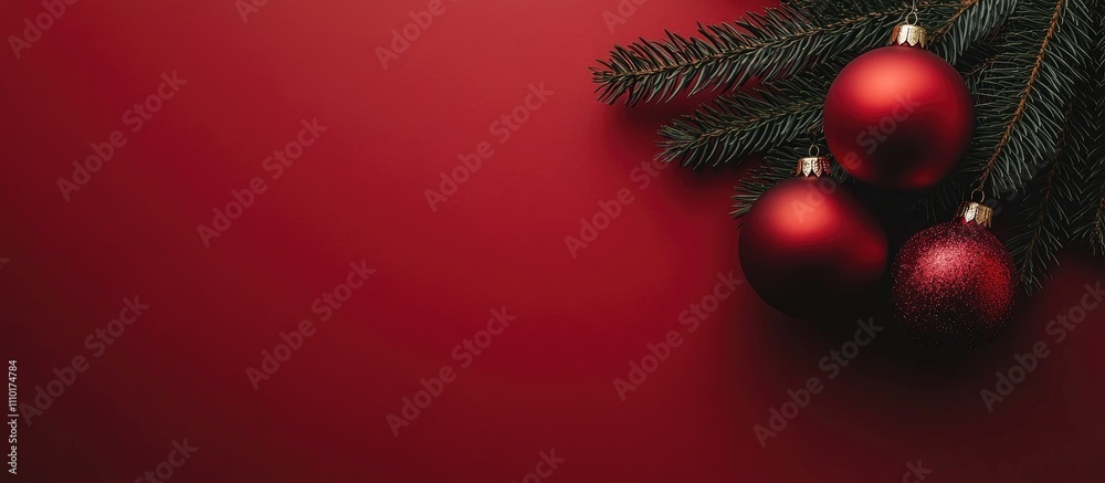 Poster christmas decoration with red ornaments and fir tree branches on a festive red backdrop creating a w
