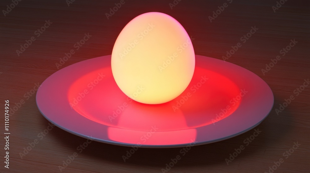 Aufkleber Ceramic plate displaying an illuminated colorful egg against a wooden table background creating a vibrant and artistic composition