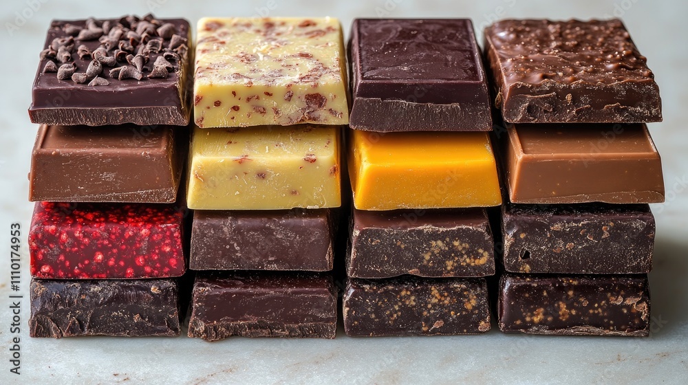 Poster Assorted chocolate bars neatly stacked showcasing different flavors and textures on a light background