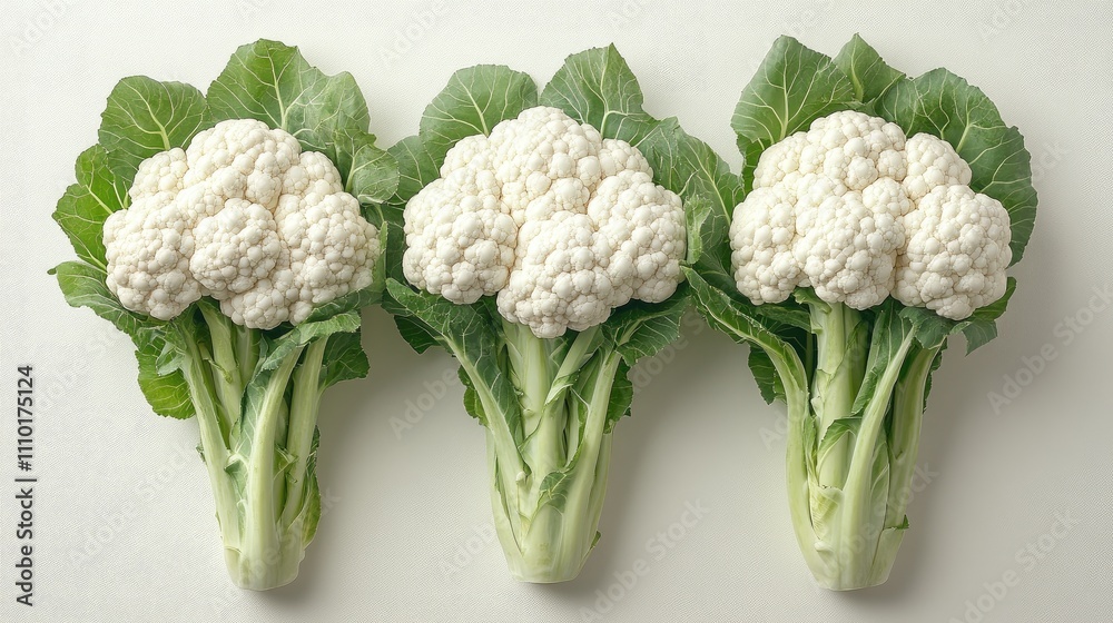 Poster fresh cauliflower heads arranged on a neutral background showcasing their texture and leaves for foo