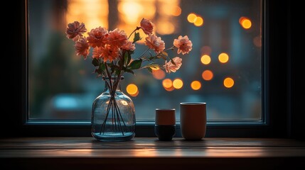 Cozy workspace with a laptop and blank screen alongside vibrant flowers and warm bokeh lighting through a window at sunset