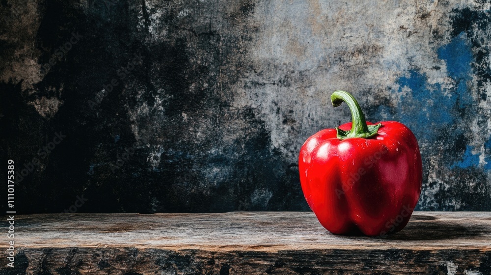 Aufkleber fresh red bell pepper on rustic wooden table against a textured dark background showcasing vibrant c
