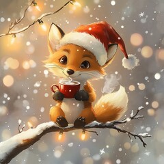 illustration red fox wearing christmas santa claus hat drinking hot coffee on snowy winter tree branch