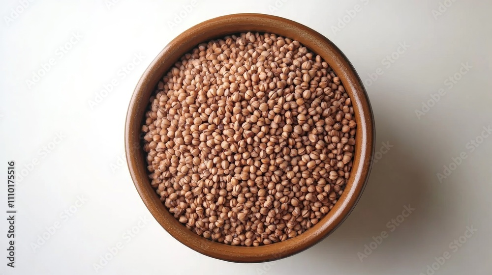 Poster bowl of uncooked buckwheat grains isolated on a white background viewed from above showcasing health