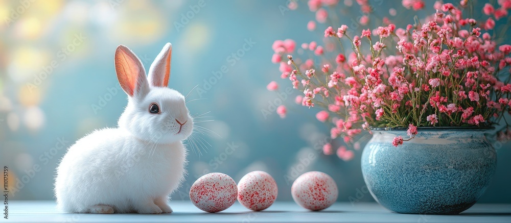 Poster decorative easter bunny surrounded by pastel eggs and vibrant flowers against a soft blue background
