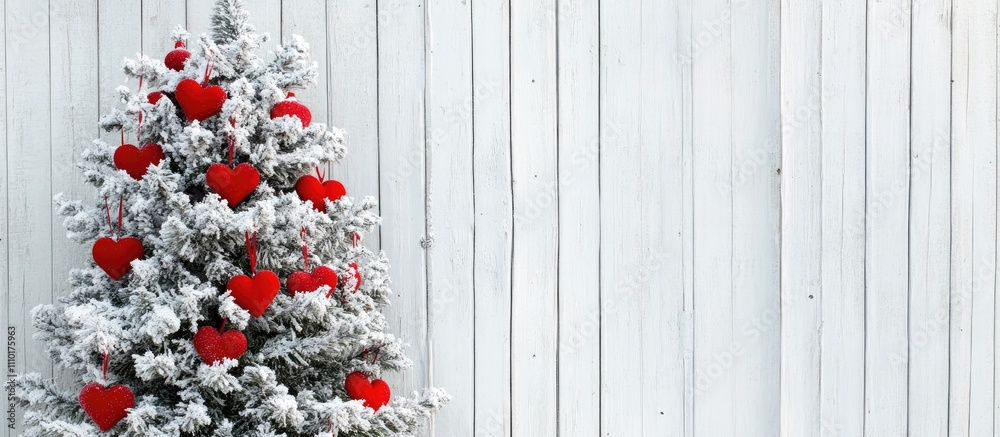 Poster christmas scene with decorated fir tree featuring red heart ornaments on white wooden background wit
