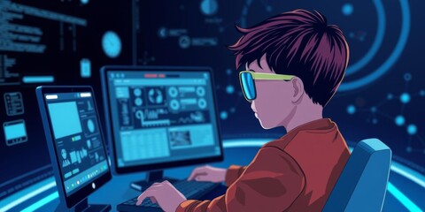 Child with brown hair and glasses sitting in front of a computer screen showing a futuristic digital interface illustration, digital, sitting