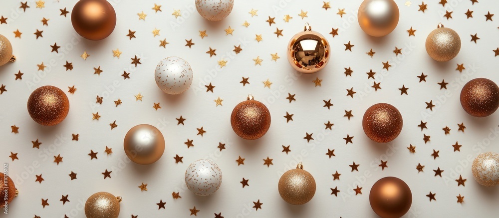 Poster christmas flat lay with golden ornaments and confetti stars creating a festive backdrop on a blank s