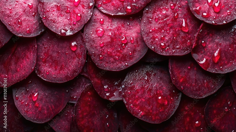 Poster fresh beetroot slices arranged artistically on a white background showcasing vibrant colors and text