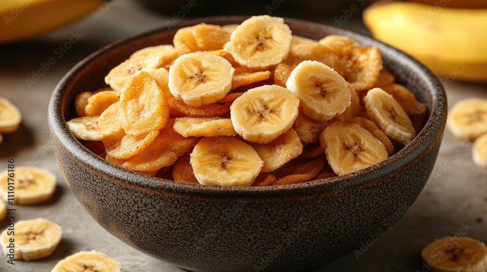 Poster crispy banana chips in a rustic bowl on a neutral background with fresh bananas around for a healthy