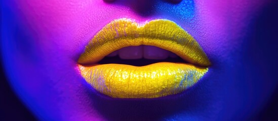 Bright neon yellow lips under vibrant lighting showcasing bold fashion elements in a close-up beauty shot
