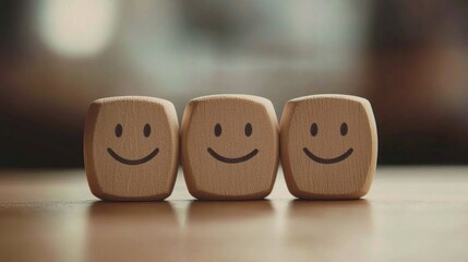 Consumer satisfaction concept with wooden blocks featuring smiley faces representing positive feedback and quality assessment in business evaluations