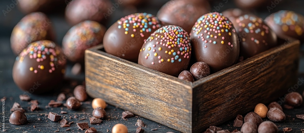 Poster chocolate easter eggs with colorful sprinkles arranged in a rustic wooden box surrounded by chocolat