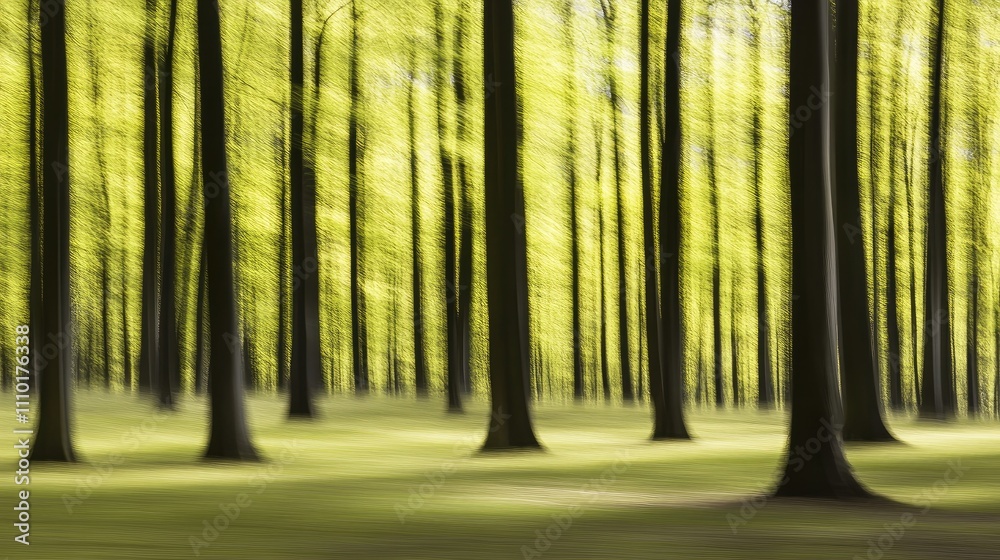 Poster abstract motion blur of vibrant green tree leaves and tall forest trunks creating a serene and peace