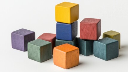 Fototapeta premium Colorful wooden building blocks stacked creatively on a white background showcasing playful design and vibrant colors for children's toys.
