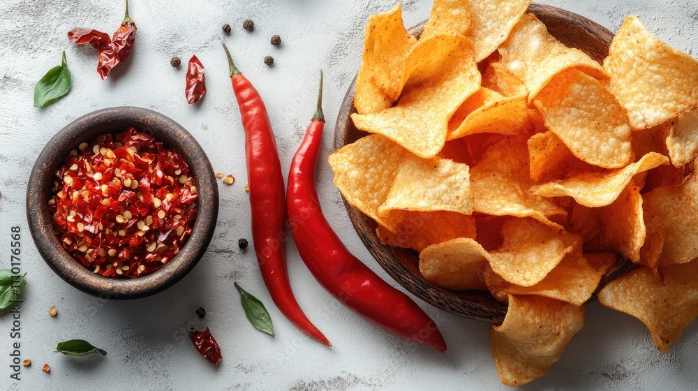 Aufkleber chili peppers and crispy potato chips arranged on a white background with spices for a vibrant culin
