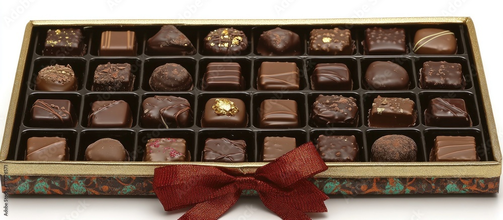 Poster luxurious assorted chocolates elegantly packaged in a decorative box with ribbon on a clean white ba