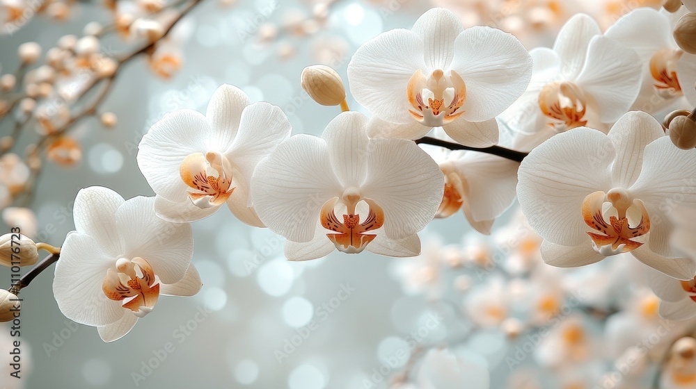 Poster elegant white orchid flowers with soft bokeh background showcasing delicate petals and serene beauty