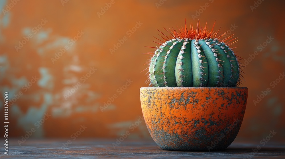 Poster Cactus in rustic pot highlighted against warm brown background creating a serene and earthy decor atmosphere