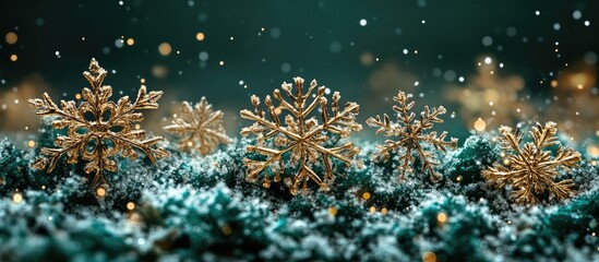 Confetti snowflakes delicately arranged on lush green velvet creating a festive winter atmosphere with shimmering bokeh lights.