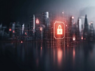 Obraz premium A futuristic cityscape features glowing padlocks, symbolizing cybersecurity and digital protection in a high-tech environment.