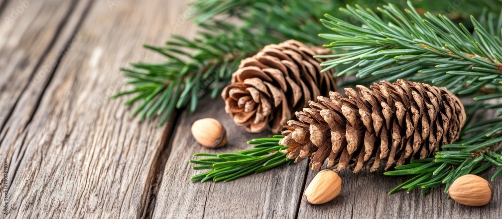 Aufkleber Cedar cones and pine nuts arranged on a rustic wooden table with green pine needles creating a natural holiday greeting card background