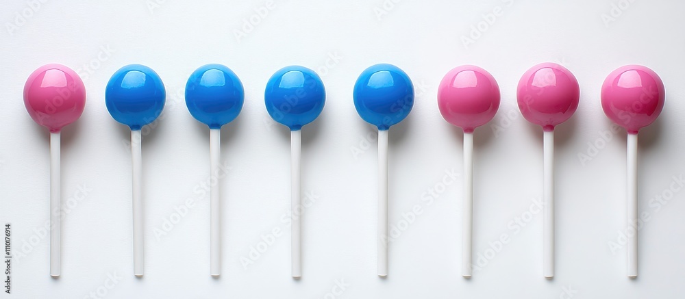Poster Colorful blue and pink lollipops arranged on a white background with space for customization and text placement on the right side