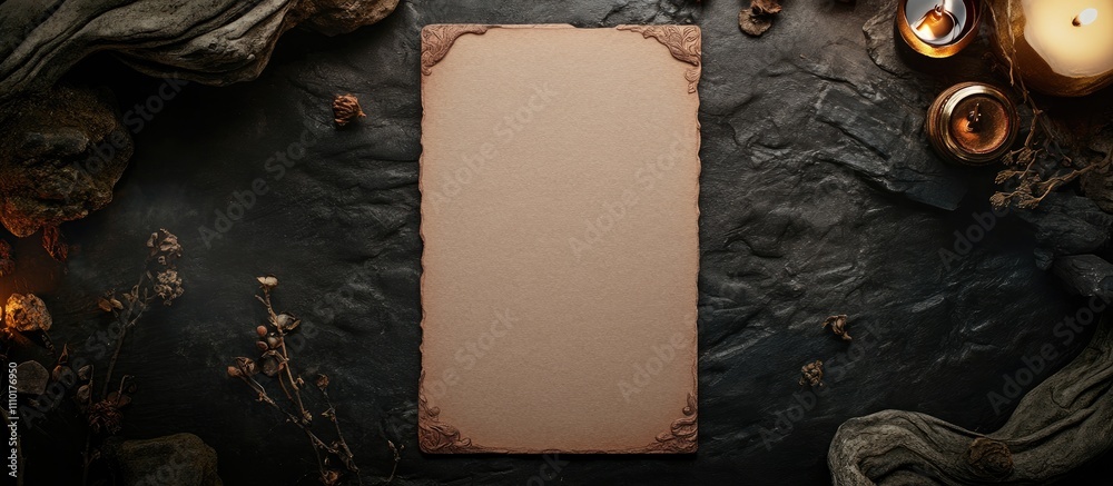 Poster elegant beige a4 stationery with textured edges on a dark stone background for luxury branding mocku