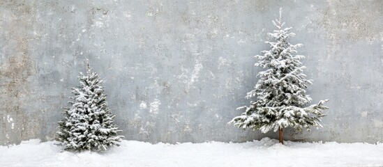 Snowy winter scene featuring two Christmas trees of different sizes against a textured grey backdrop ideal for holiday-themed designs.